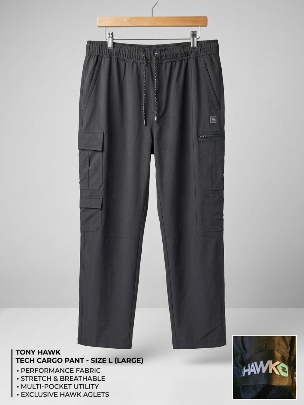 NWOT Tony Hawk Men’s Tech Cargo Pants Black Large Stretch Skate Gorpcore